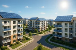 Apartments with rooftop solar panels.