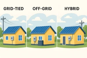 Illustration comparing grid-tied, off-grid, and hybrid solar systems — three houses with rooftop solar panels showing different setups for power connection, battery storage, and grid link.